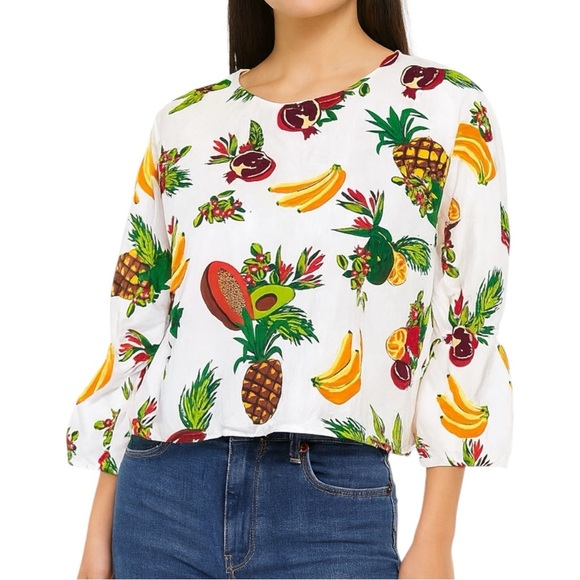 ZARA Collection Crop Top sz M White w/Fruit Cotton Sequins 3/4 Ruffle Sleeve - Picture 1 of 8
